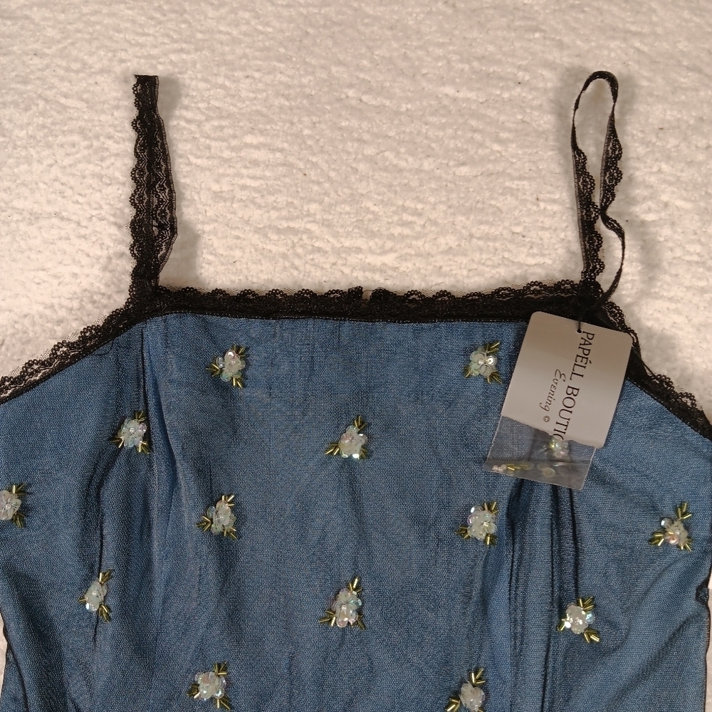 Vintage Papell Boutique Evening Slip Dress Womens 12 Sequins Floral Lace Fairy - Picture 5 of 14